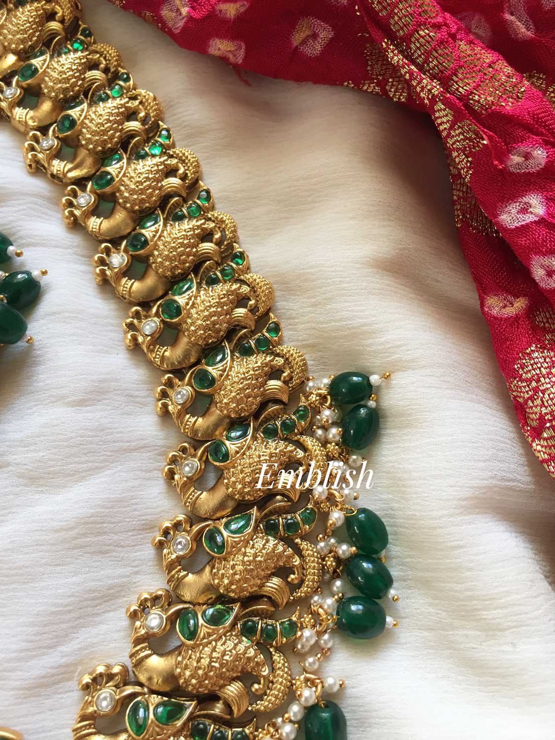 Gold alike Lakshmi with Double Peacock Long Neckpiece - Green Beads.